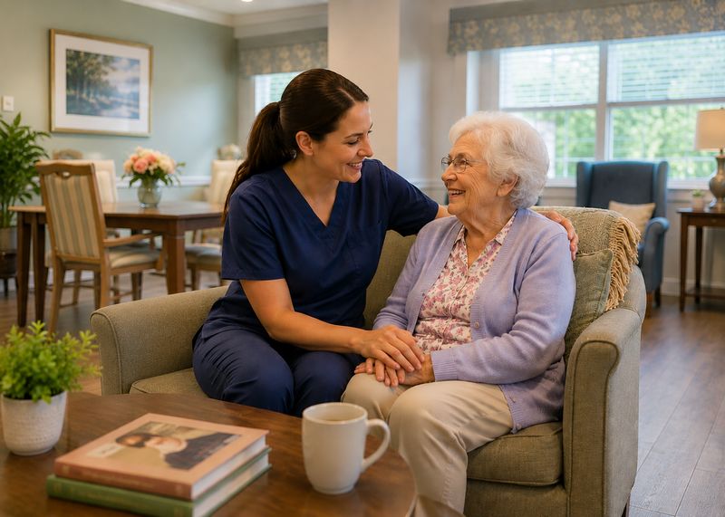 Caring staff with resident at The Waters of Shelbyville